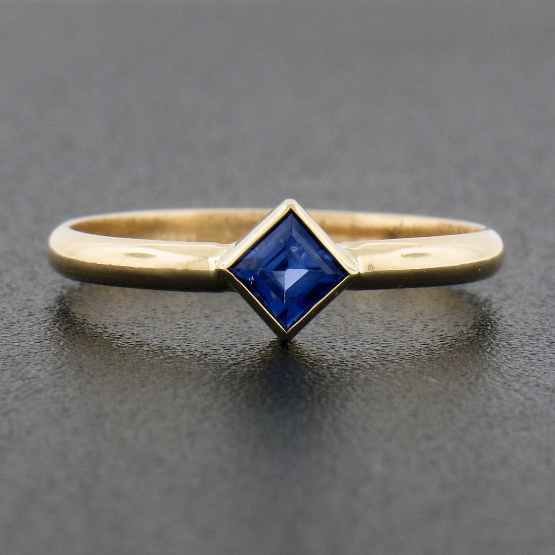 Simple Petite 14k Gold 0.32 ctw Square Step Cut Bezel Set Sapphire Solitaire Rin