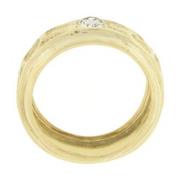 Vintage 14K Gold .28 ctw Round Pave Diamond Wide Nugget Finish Solitaire Band Ri