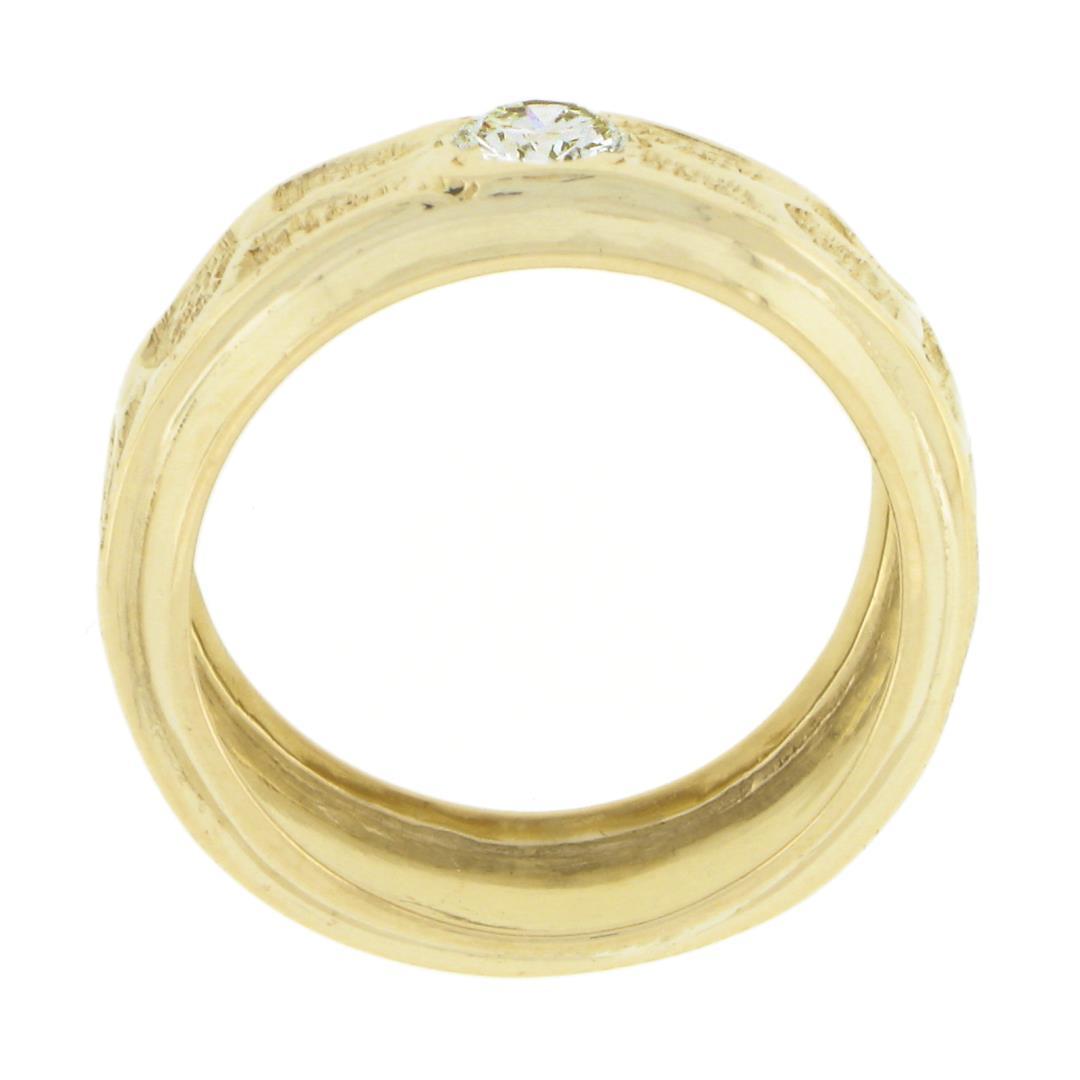 Vintage 14K Gold .28 ctw Round Pave Diamond Wide Nugget Finish Solitaire Band Ri