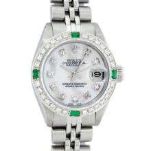 Rolex Ladies Quickset Stainless Steel White Diamond And Emerald 26MM Datejust Wr
