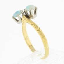 Antique 14K Yellow Gold Dual Round Cabochon Opal Etched Work Petite Bypass Ring