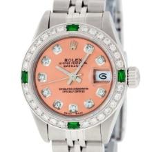 Rolex Ladies Quickset Stainless Steel Salmon Diamond And Emerald Wristwatch 26MM