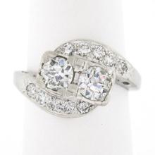 Vintage Platinum 1.66 ctw Old European Cut Dual Diamond Bypass Ring w/ Accents