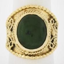 Vintage 14k Yellow Gold Oval Cabochon Cut Jade Twisted Wire Wide Cigar Band Ring