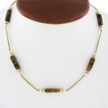 Vintage 10k Gold 14.8mm Bar Tigers Eye W/ Pearl & Gold Bead Ball Chain Necklace