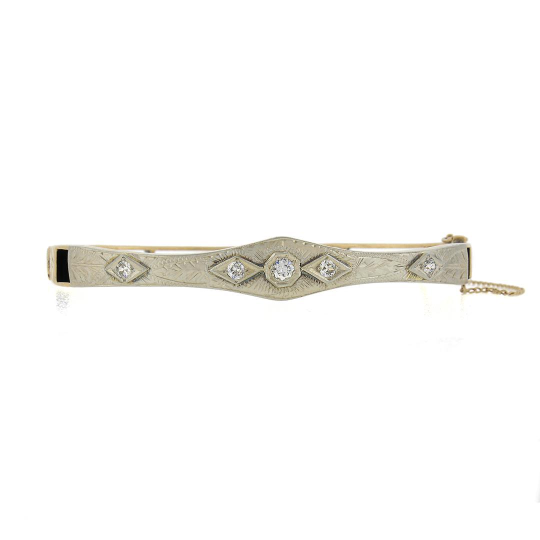 Antique Art Deco 18K TT Gold.37 ctw Diamond Engraved Hinged Open Bangle Bracelet