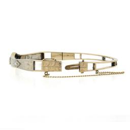 Antique Art Deco 18K TT Gold.37 ctw Diamond Engraved Hinged Open Bangle Bracelet