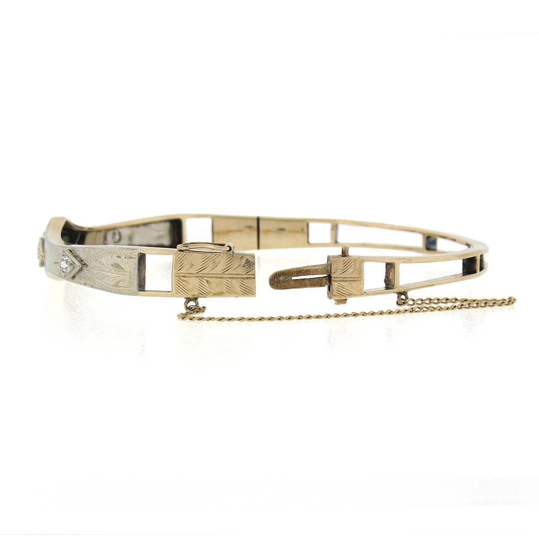 Antique Art Deco 18K TT Gold.37 ctw Diamond Engraved Hinged Open Bangle Bracelet