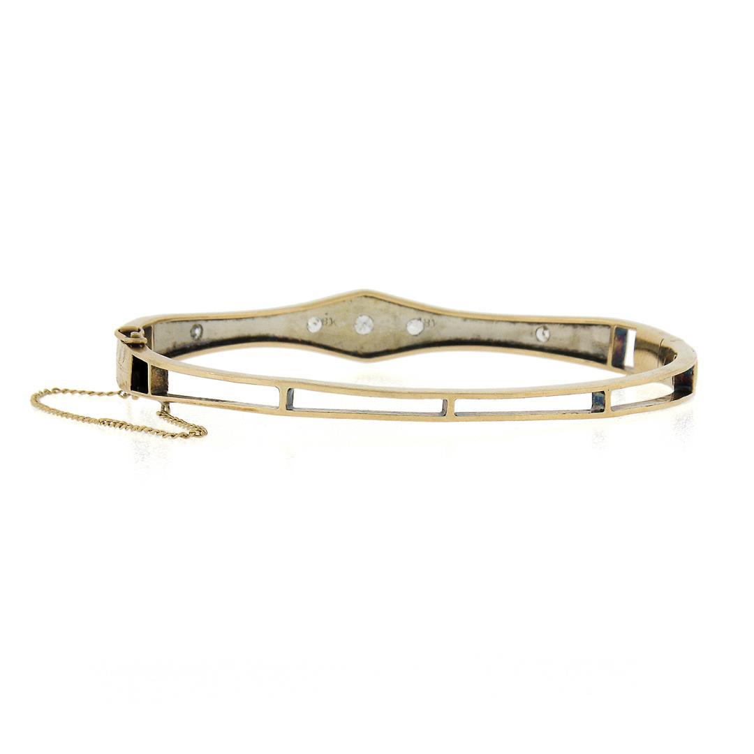 Antique Art Deco 18K TT Gold.37 ctw Diamond Engraved Hinged Open Bangle Bracelet