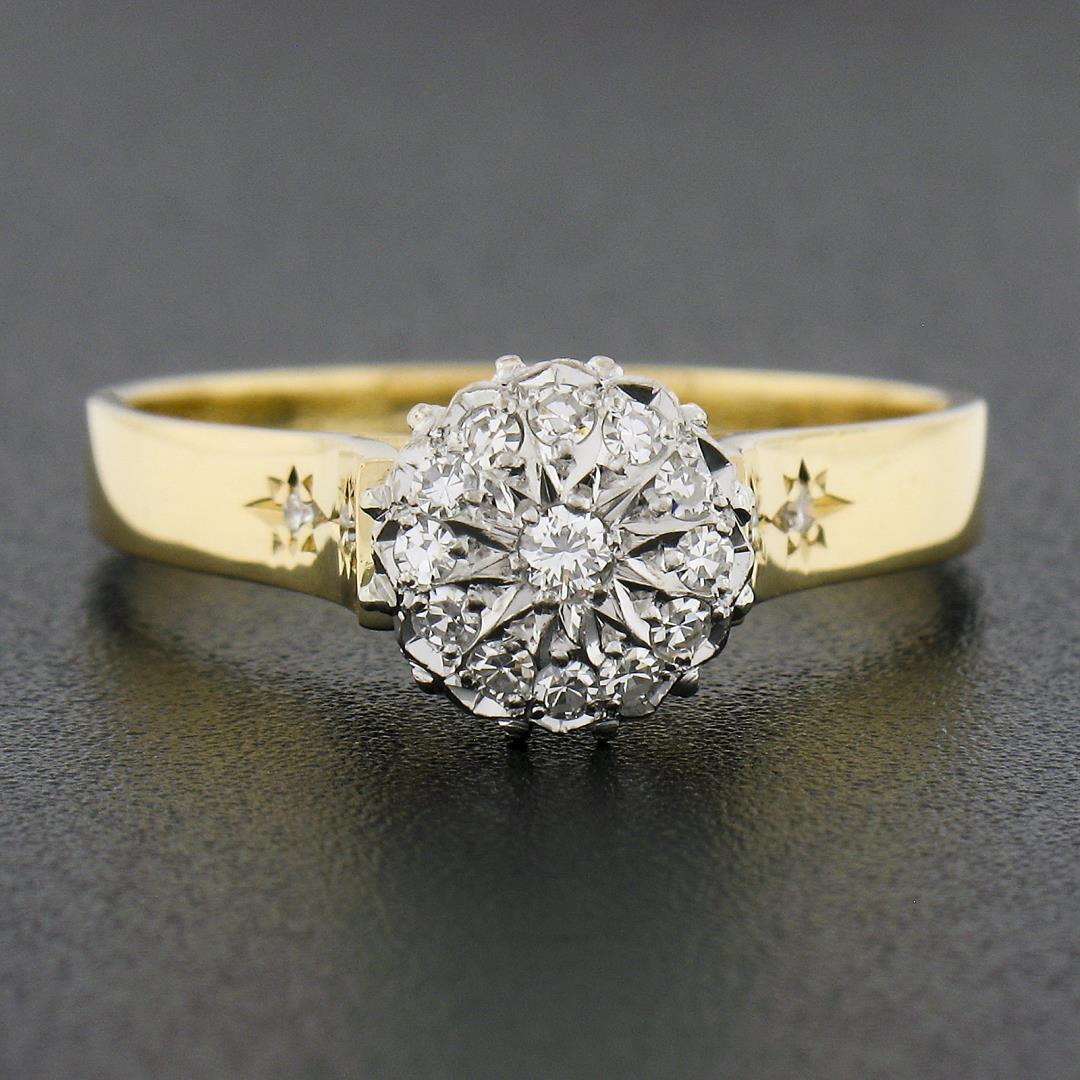 Vintage 18k TT Gold .30 ctw Round Brilliant Pave Diamond High Quality Cluster Ri