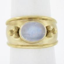 Maz 14k Yellow Gold Oval Moonstone Matte Finish Cigar Band Ring w/ Bead Work