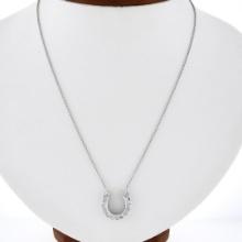 Vintage 14k White Gold .39 ctw Round Pave Diamond Lucky Horseshoe Pendant Neckla