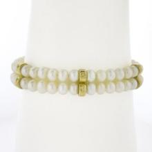 7" Dual Row Round Cultured Pearl Strand Bracelet w/ 14k Gold Clasp & Bar Spacers