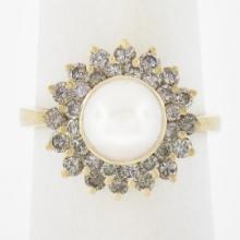 14K Yellow Gold 7.6mm Pearl Solitaire Ring w/ .85 ctw Fancy Diamond 2 Row Halo