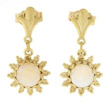 Estate 14k Yellow Gold 6mm Round Cabochon Cut Opal Flower Dangle Drop Earrings