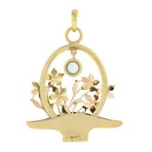 Vintage 14k TT Gold .75 ctw Bezel Blue Zircon Detailed Flower Basket Charm Penda
