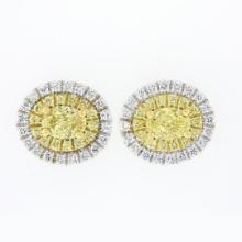 NEW 18K TT Gold 1.0 ctw Fancy Yellow & White Diamond Dual Halo Oval Stud Earring