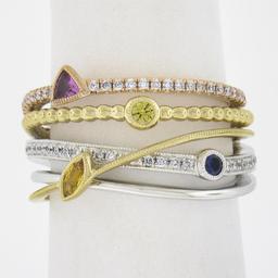 14k Tri Color Gold .60 ctw Multi Color Sapphire & Diamond Crossover Wide Band Ri