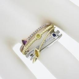 14k Tri Color Gold .60 ctw Multi Color Sapphire & Diamond Crossover Wide Band Ri