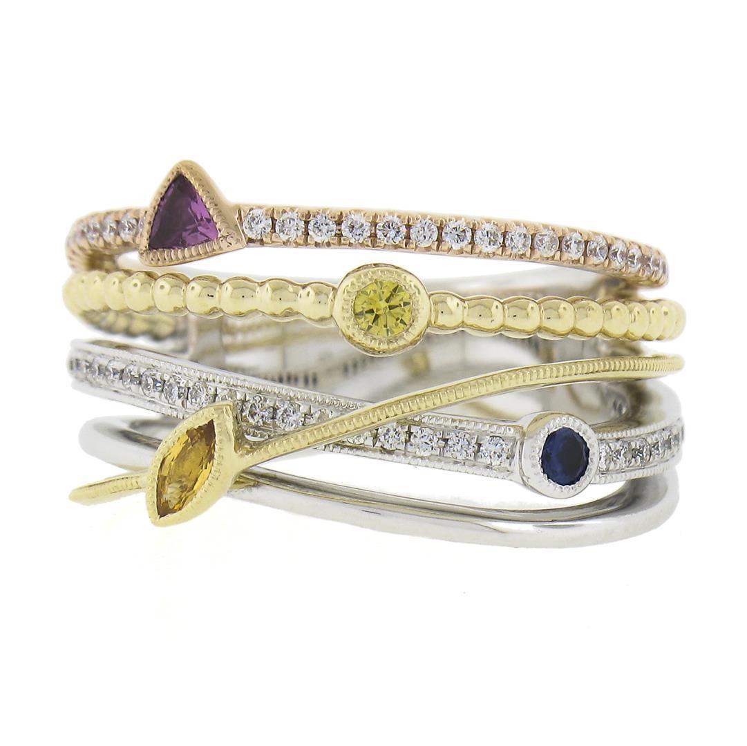 14k Tri Color Gold .60 ctw Multi Color Sapphire & Diamond Crossover Wide Band Ri
