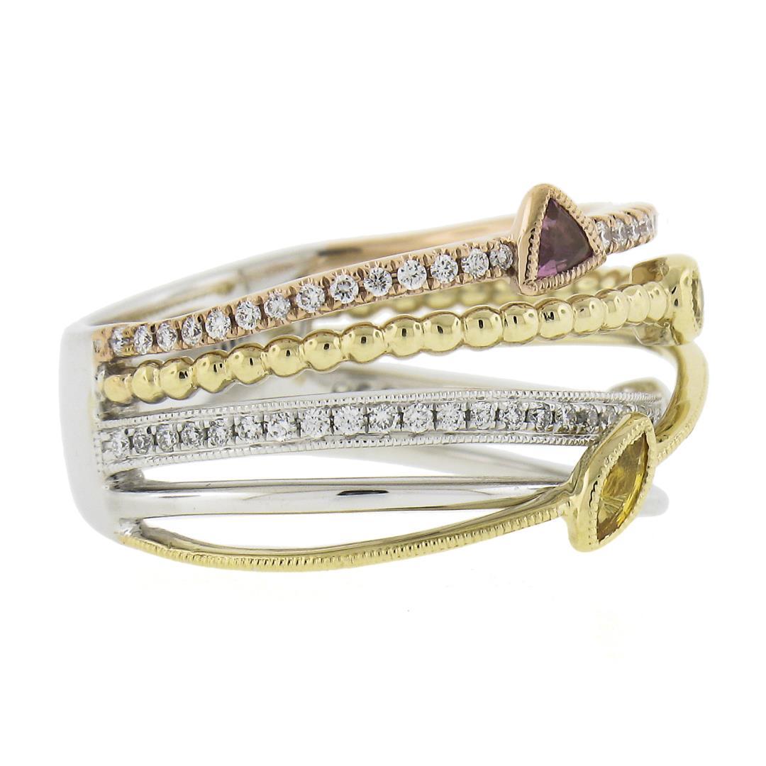 14k Tri Color Gold .60 ctw Multi Color Sapphire & Diamond Crossover Wide Band Ri