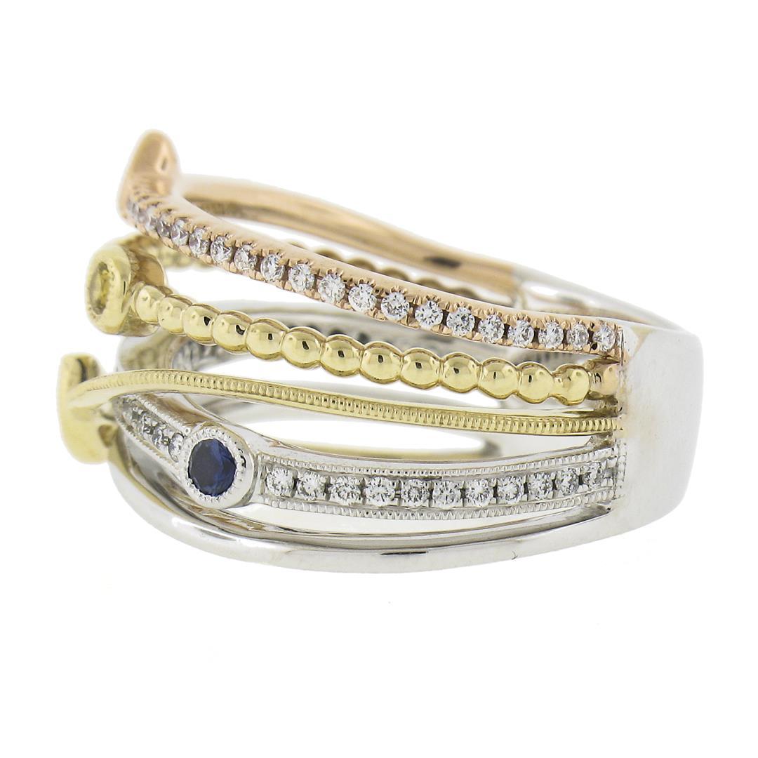 14k Tri Color Gold .60 ctw Multi Color Sapphire & Diamond Crossover Wide Band Ri