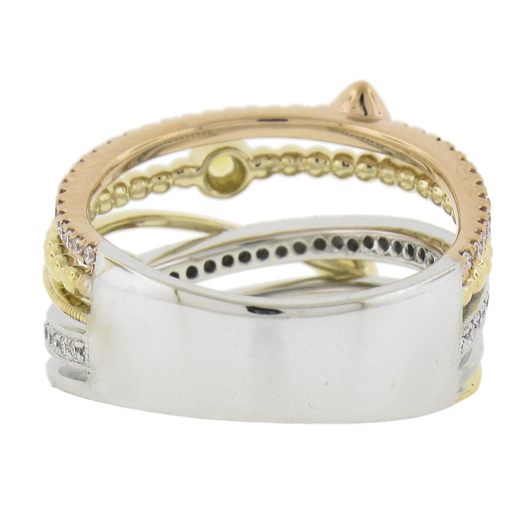 14k Tri Color Gold .60 ctw Multi Color Sapphire & Diamond Crossover Wide Band Ri