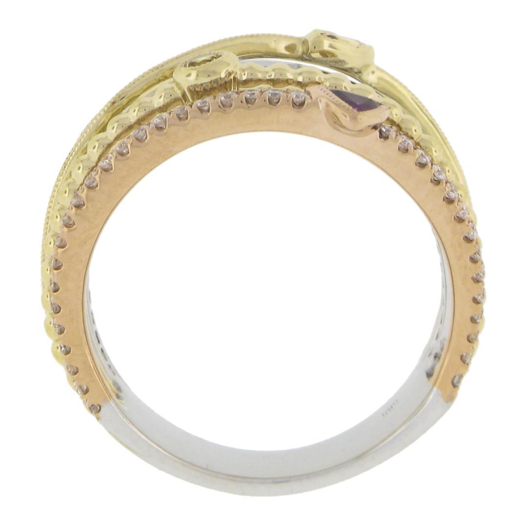 14k Tri Color Gold .60 ctw Multi Color Sapphire & Diamond Crossover Wide Band Ri