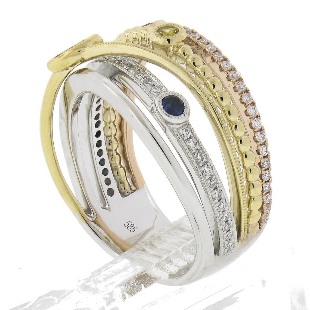 14k Tri Color Gold .60 ctw Multi Color Sapphire & Diamond Crossover Wide Band Ri