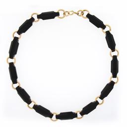 Antique Victorian 14K Gold Alternating Reddish Black Stone & Round Link Necklace