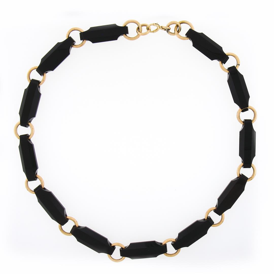 Antique Victorian 14K Gold Alternating Reddish Black Stone & Round Link Necklace