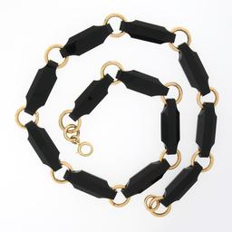Antique Victorian 14K Gold Alternating Reddish Black Stone & Round Link Necklace