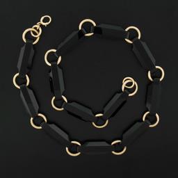 Antique Victorian 14K Gold Alternating Reddish Black Stone & Round Link Necklace
