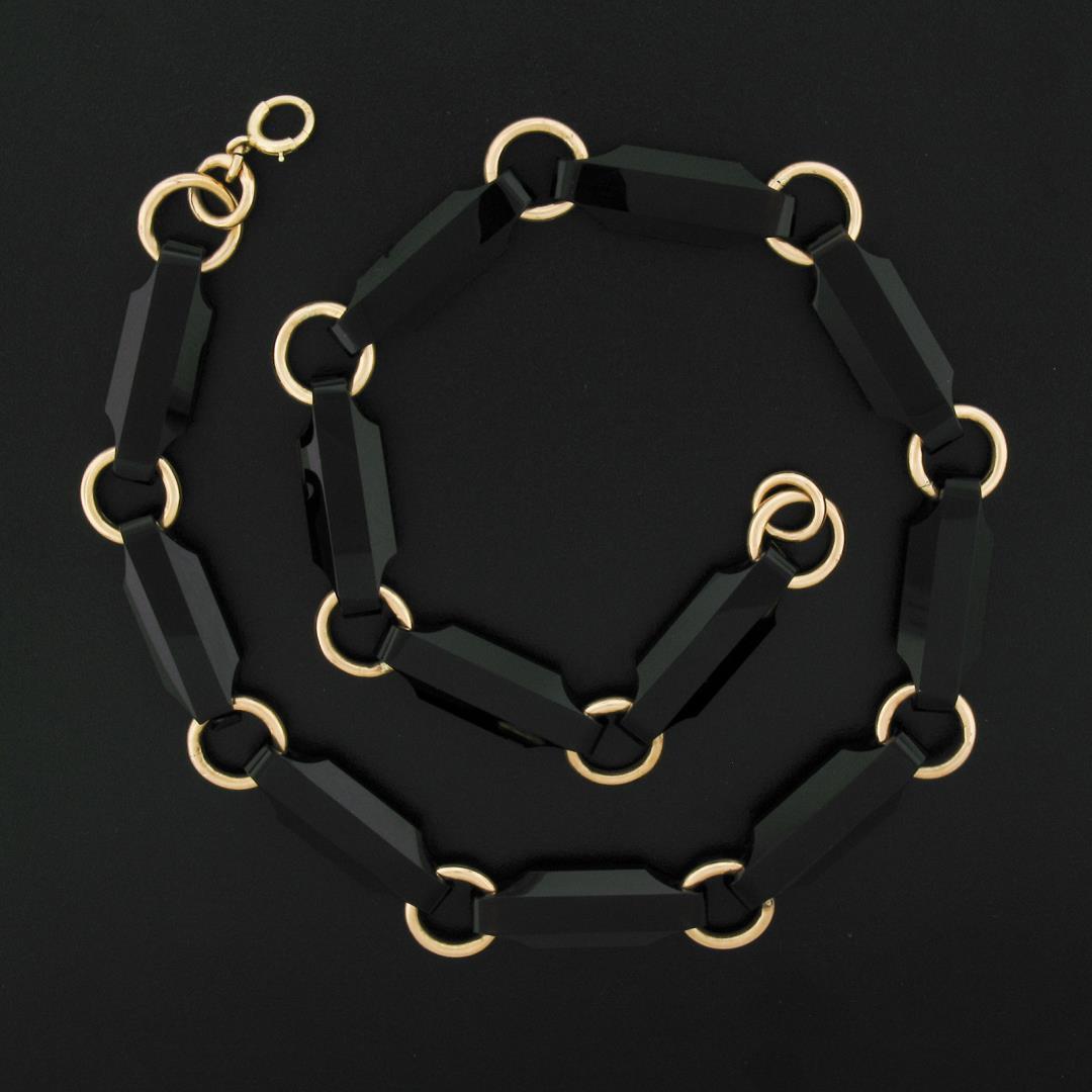 Antique Victorian 14K Gold Alternating Reddish Black Stone & Round Link Necklace