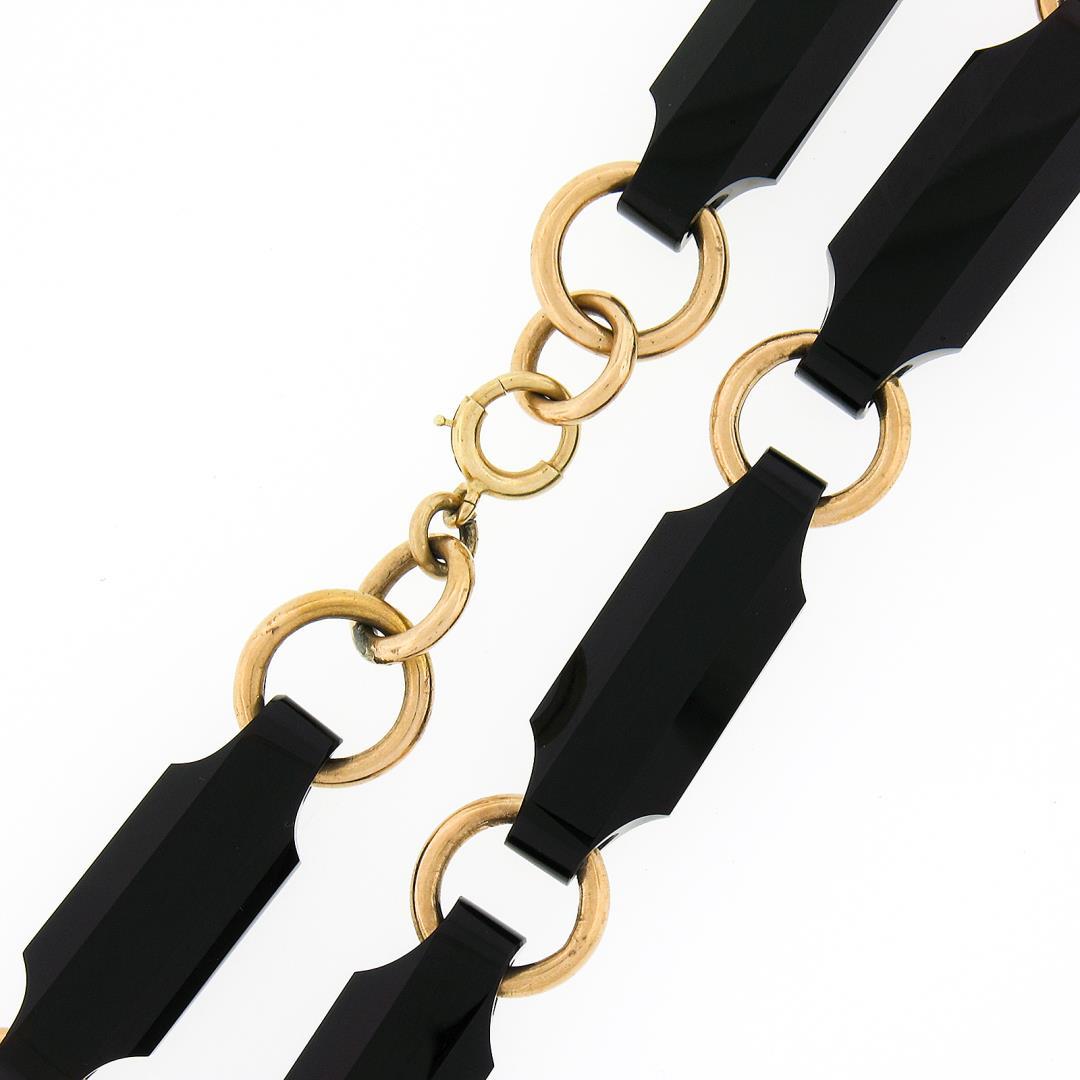 Antique Victorian 14K Gold Alternating Reddish Black Stone & Round Link Necklace
