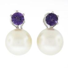 Vintage 18k White Gold Large 14mm White Pearl Round Amethyst Drop Omega Earrings