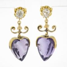 Antique Victorian 14K Gold Old MIne Diamond Carved Amethyst Heart Drop Earrings