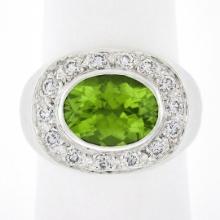 18k White Gold 4.11 ctw Oval Peridot & Pave Diamond Matte Hammered Cocktail Ring