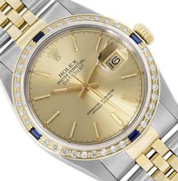 Rolex Mens Two Tone Champagne Index Dial Yellow Gold And Sapphire Datejust With