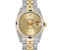 Rolex Mens Two Tone Champagne Index Dial Yellow Gold And Sapphire Datejust With