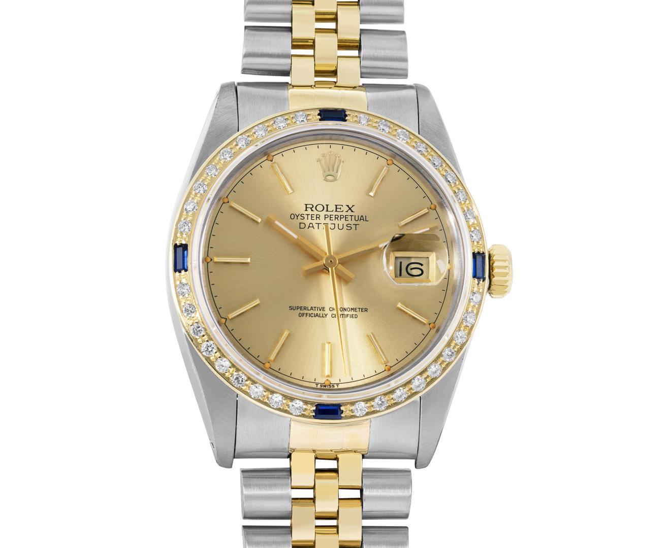 Rolex Mens Two Tone Champagne Index Dial Yellow Gold And Sapphire Datejust With