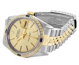 Rolex Mens Two Tone Champagne Index Dial Yellow Gold And Sapphire Datejust With