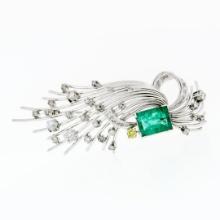 Antique Handmade Platinum 7.3 ctw GIA Colombian Emerald Round Diamond Wire Brooc