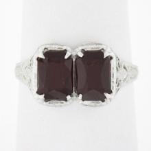 Antique Art Deco 14k Gold Rectangular Filigree 2 Stone Garnet Twin Ring