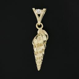 14k Gold Detailed Textured 3D Shell Charm Pendant w/ 0.04 ctw Diamond on Bail