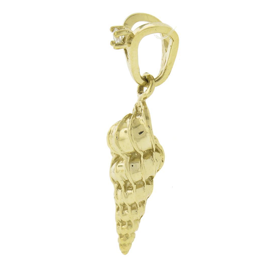 14k Gold Detailed Textured 3D Shell Charm Pendant w/ 0.04 ctw Diamond on Bail