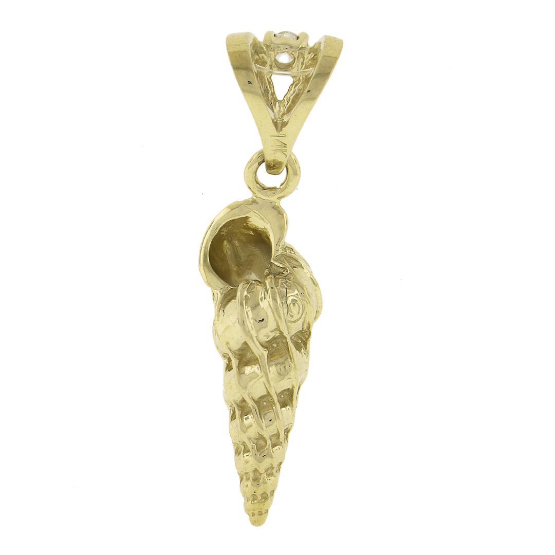 14k Gold Detailed Textured 3D Shell Charm Pendant w/ 0.04 ctw Diamond on Bail