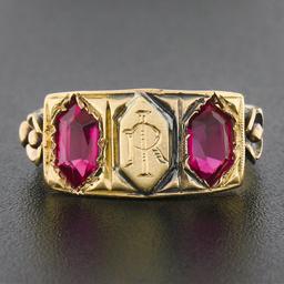 Antique Victorian 18K Rosy Yellow Gold Lozenge Kite Red Stone Signet Band Ring