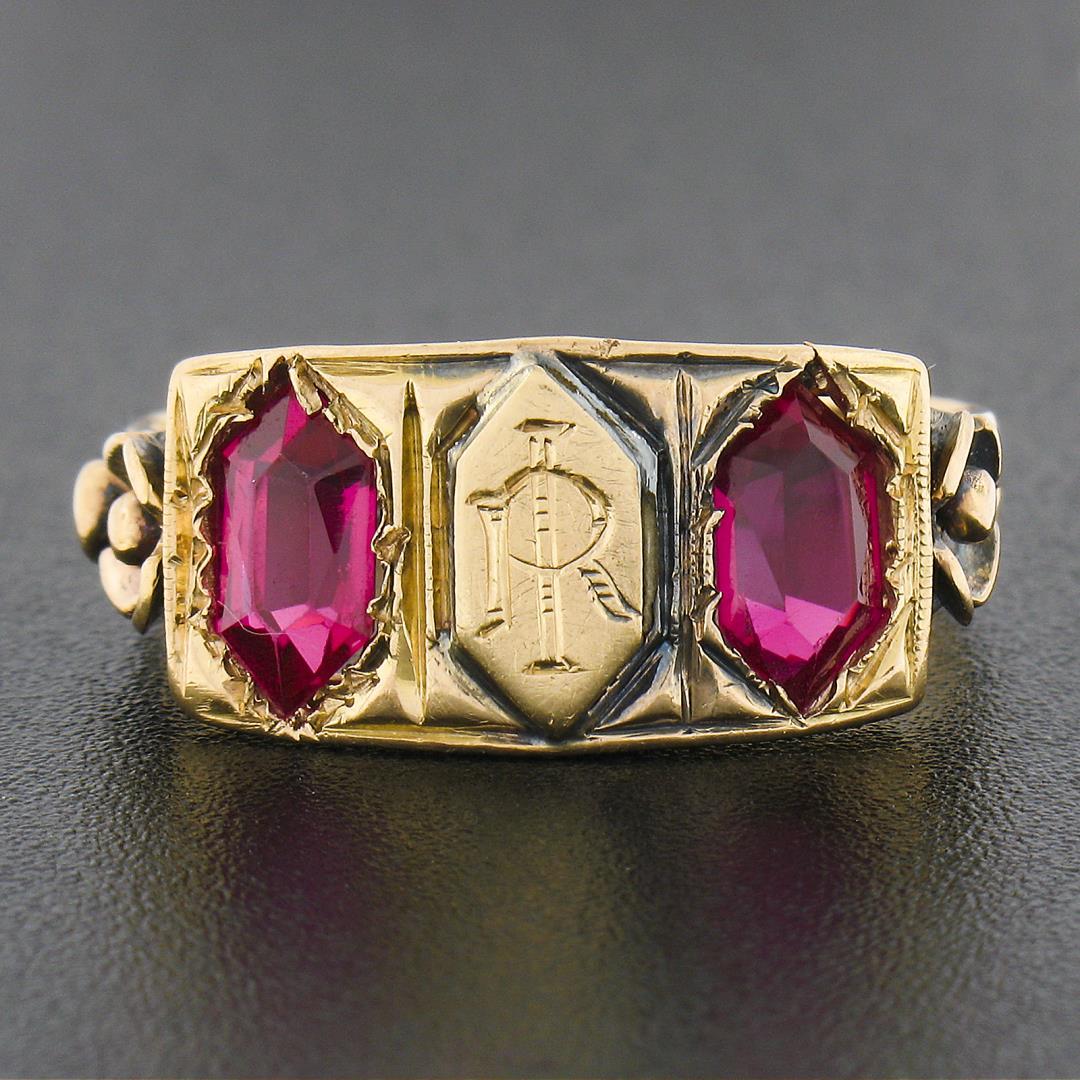 Antique Victorian 18K Rosy Yellow Gold Lozenge Kite Red Stone Signet Band Ring