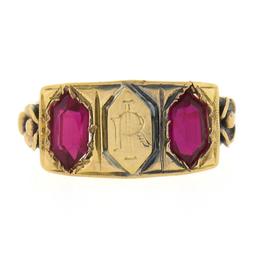 Antique Victorian 18K Rosy Yellow Gold Lozenge Kite Red Stone Signet Band Ring